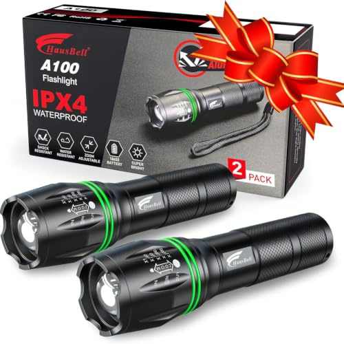 HAUSBELL LED Taschenlampe 2000 Lumen (2 Stück), Superhelle Taschenlampe mit 5 Modi, Zoom-Funktion, Batteriebetrieben, Wasserfest – Taktische Taschenlampe für Camping, Wandern & Notfälle (Schwarz)