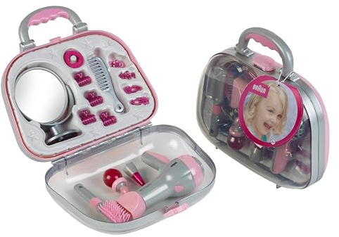Theo Klein 5855 Frisierkoffer mit Braun Haartrockner|Mit Spiegel, Kamm und viel Styling-Zubehör|Robuster Koffer mit batteriebetriebenem Fön|Maße: 27,5cm x 11cmx22,2cm|Spielzeug für Kinder ab 3 Jahren