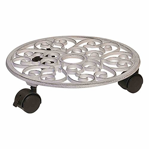 WAGNER Pflanzenroller ANTIK Ø 29 x 6,5 cm I Blumenroller für Außenbereich + Innenbereich I Kübelroller aus Gusseisen, weiß mit 2 Feststellern I Tragkraft 50 kg - 20092301