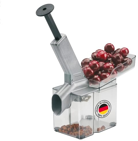 Westmark Kirschenentkerner/-entsteiner mit schräggestellter Schütte und großer Kernkassette, Kunststoff/Edelstahl/Aluminium, Kirschomat, Silber/Schwarz/Transparent, 40702260