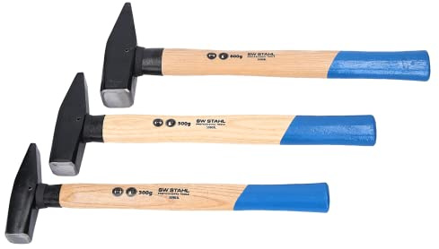 SW-Stahl 50930L Schlosserhammer-Set, 3-teilig, Hickoryholz-Stiel, DIN 1041 | Profi Werkzeughammer mit Stielschutzhülse und Sicherheitsstift - Kopfgewichte: 300g, 500g, 800g - Robust & Langlebig