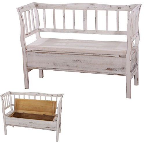 Mendler Sitzbank T207 119cm - weiß, Shabby | Bank, Truhenbank, Holzbank, Aufbewahrungstruhe, Staufach, Kissen, Holz