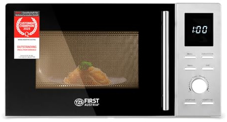 TZS First Austria - Mikrowelle mit Grill - 2-in-1 Mikrowellenofen - 20 Liter - 700 W Mikrowelle & 800 W Grill - Schnellstart - 8 Programme - LCD-Display - Edelstahl