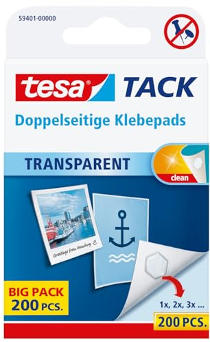 tesa TACK doppelseitige Klebepads - 1 x 200 Pads | Transparente Klebestreifen zum Aufhängen an Wänden, Fenstern und Spiegeln - dünn, doppelseitig, Alternative zu Reißzwecken
