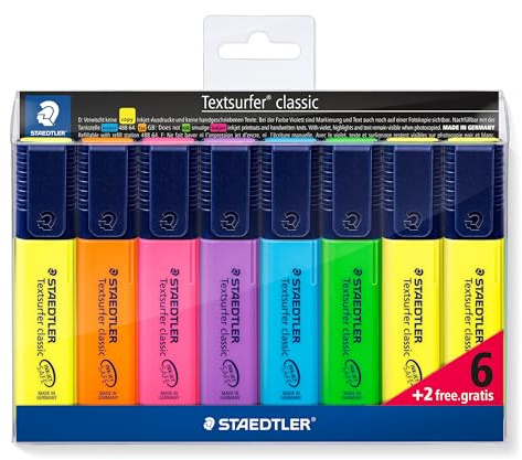 STAEDTLER classic 364 A WP8 Textsurfer, hohe Qualität, mit großem Tintenspeicher für extra lange Markierleistung, Set mit 8 Textmarkern, Promotion 6 + 2 gratis, 8 Stück (1er Pack)