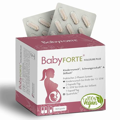 BabyFORTE® FolsäurePlus | vegan | Schwangerschaftsvitamine - Kinderwunsch Vitamine | 16 Nährstoffe | 180 Kapseln + Laborgeprüft