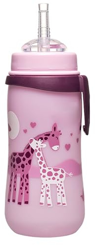 nip - Strohhalmbecher Straw Cup | Leichte, auslaufsichere Kindertrinkflasche mit Trinkhalm aus Silikon ab 12 Monaten. Einfach zu reinigen, 330 ml, Motiv Giraffe, rosa