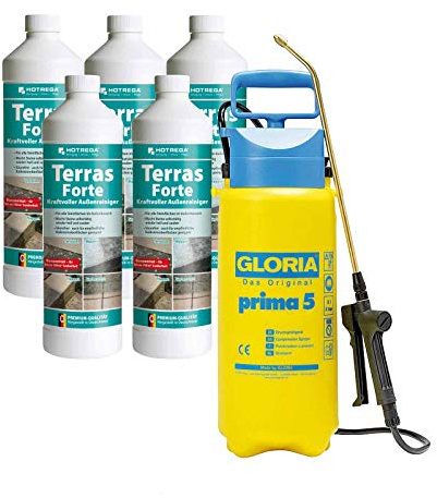 HOTREGA Terras Forte Steinreiniger 5 L Konzentrat | Mit Gloria Sprüher | Terrassenreiniger für Naturstein & Betonwerkstein | Ohne Schrubben | Aktivchlor | Säurefrei
