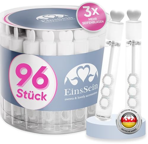 Seifenblasen Hochzeit Lovegläschen 96 Stück weiß | 3 Pustelöcher mit Herzgriff | Mini Wedding Bubbles fleckenfrei | Hochzeitsseifenblasen Gastgeschenke für Taufe Geburtstag Verlobung