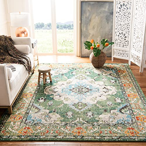 SAFAVIEH Boho Teppich für Wohnzimmer, Esszimmer, Schlafzimmer - Monaco Collection, Kurzer Flor, Waldgrün und Hellblau, 122 X 170 cm