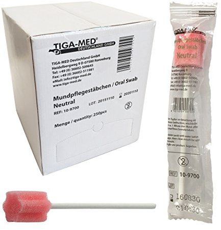 TIGA-MED Mundpflegestäbchen | 250 Stück | Einmal Oral Care Sticks zur Mundpflege | schonende Reinigung & Befeuchtung | hygienisch & saugfähig | einzeln verpackt in Spenderbox (Neutral)