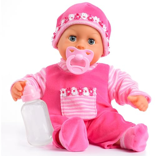 Bayer Design 93800-pink 93825AA Babypuppe First Words, Schlafaugen, spricht 24 Babylaute, weicher Körper, mit Schnuller und Flasche, 38 cm, pink