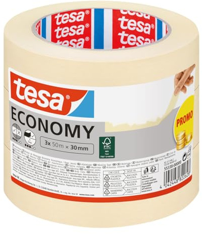 tesa Malerband ECONOMY - Vielseitiges Klebeband für Malerarbeiten ohne Lösungsmittel - Bis zu 4 Tage nach Gebrauch rückstandslos entfernbar, 3x 50 m x 30 mm