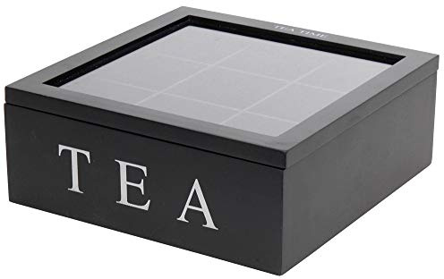 Teebox aus Holz | Teekasten in den Farben Weiß und Schwarz | Teekiste mit 6 Fächern oder als große Teebeutelbox mit 9 Fächern , Auswahl:Schwarz mit 9 Fächern