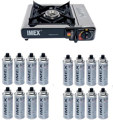 IMEX Gaskocher Edelstahl Campingkocher mit 16 Gaskartuschen und Tragekoffer/Aufbewahrungskoffer 2,2KW