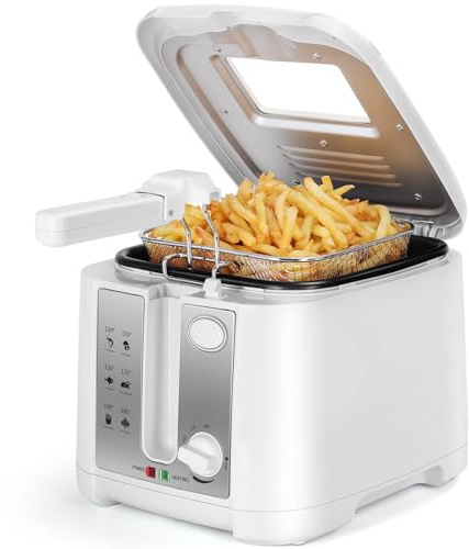 Aigostar Fritteuse mit Öl 1650W, Friteuse mit Fett 2.5L Kompakt, Weiß | Klassische Friteuse für 1-2 Personen mit Sichtfenster, Einstellbare Temperatur 130-190°C, Antihaftbeschichtung, Leuchte