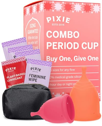 2 Pixie Menstruationstassen – Ohne Metalle & Toxine – Platz 1 der weichsten, wiederverwendbaren Tassen – 12 h Tragezeit – 100% med. Silikon – Tampon-Alternative – Kauf 1, wir spenden 1 (Set)