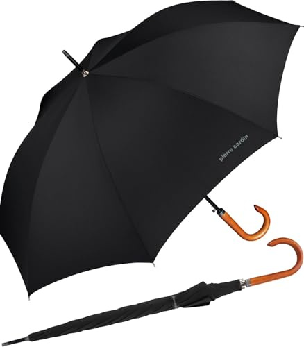 Herrenschirm Pierre Cardin Stockschirm mit Automatik und Holzgriff Natur - schwarz groß stabil