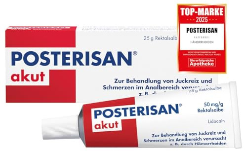 POSTERISAN akut Hämorrhoidensalbe – mit Lidocain, bei Hämorrhoiden, 25 g | Zur schnellen Linderung von Juckreiz & Schmerzen im Analbereich, mit Applikator für innere Anwendung