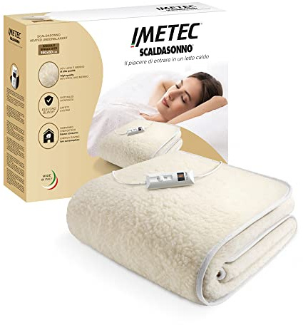 Imetec, Wärmeunterbett für Einzelbetten 150x80 cm, geringer Stromverbrauch, 50% Wolle und Merinowolle, 2 Temperaturen, Elektro Block-Sicherheitsvorrichtung, Made in Italy