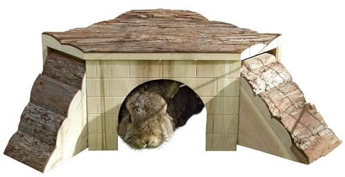 Kerbl Pet Nagerhaus, Kaninchenhaus, 37x37x16 cm, Holz Natur, Zwei Rampen, Dach als Aussichtsplattform, Rückzugmöglichkeit, vormontiert