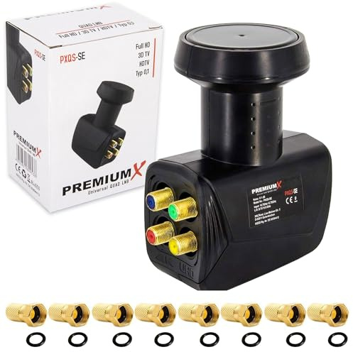 Premium X Quad LNB - 4Fach - für 4 Teilnehmer - 4K Full HD - mit Wetterschutz und LTE Filter + 8X F-Stecker für Satellitenschüssel Digital TV Fernseher SAT Receiver - Schwarz