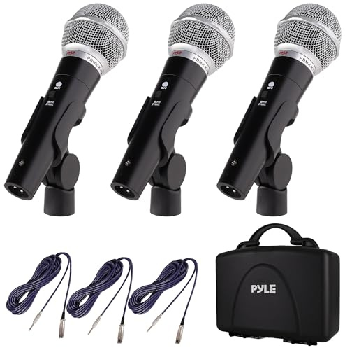 Pyle Dynamisches Karaoke Mikrofon-Set (3 Stück) – Mikrofone mit Kabel, Kardioid, XLR auf 6,35mm, 4,5m, Ganzmetallgehäuse für Bühne und Studio – Klarer Klang, Feedbackarm – Für Zuhause, Live und Proben