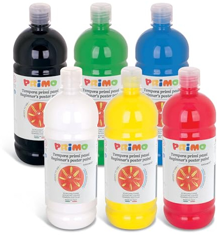 Primo - Temperfarben für Kinder 6 Gouache Farben Set für Kinder ab 3 Jahren 1L mit Spender, Temperafarben zum Bemalen von Papier, Stoff, Glas, Malerei, Kreatives Basteln und Schulmaterial