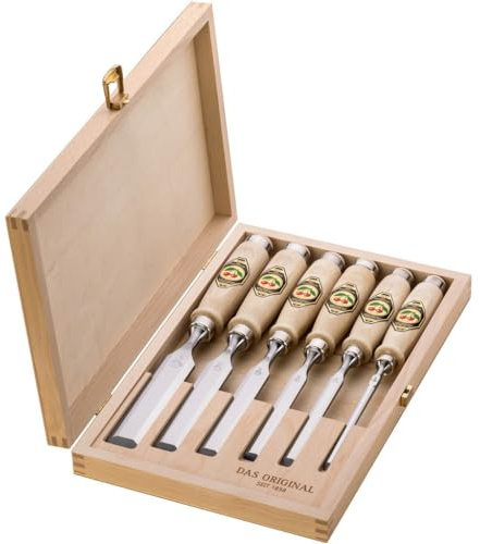 KIRSCHEN Werkzeuge 6-teiliger Stechbeitelsatz mit Weißbuchenheft im Holzkasten bestehend aus 6+10+12+16+20+26mm