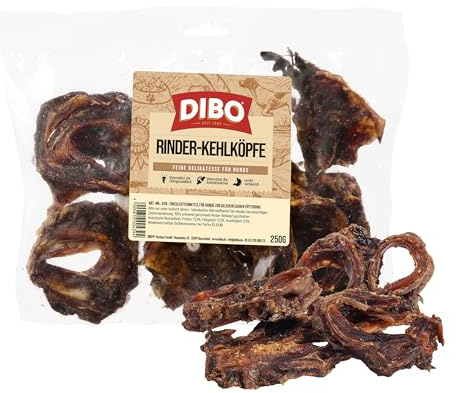DIBO Rinderkehlköpfe, geschnitten, 250g-Beutel, der kleine Naturkau-Snack oder Leckerli für Zwischendurch, Hundefutter, Qualitätskauartikel ohne Chemie