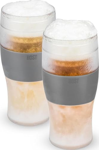 Host Freeze Biergläser, 470 ml Doppelwandiges Kunststoff-Kühlglas mit Gefriergel zum Einfrieren, 2er-Set, Grau