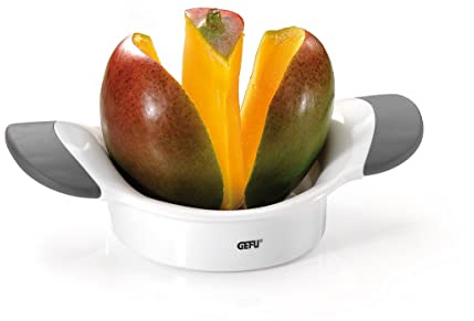 GEFU Mangoteiler PARTI - Mangoschneider mit Edelstahlklinge - 2 Hälften | Präziser Kernentferner für Mangos, ergonomische Softgriffe, spülmaschinengeeignet, robuster Kunststoff und Edelstahl