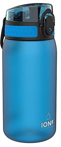 ion8 Kinder Trinkflasche, 350ml, Auslaufsicher, Einhandöffnung, Sichere Verriegelung, Spülmaschinenfest, BPA-frei, Tragegriff, Klappdeckel, Leicht zu Reinigen, Klimaneutral, Blau