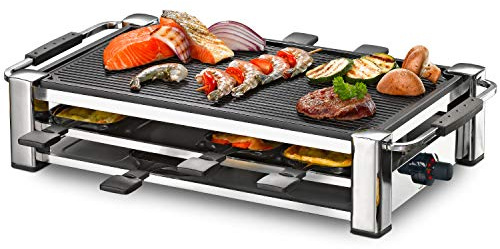 ROMMELSBACHER RCC 1500 Raclette-Grill (extra langes Kabel (2m), Tischgrill für 8 Personen, gerippte Alu-Druckguss-Grillplatte, Xylan Plus Antihaftbeschichtung, Parkdeck, 1500 W) chrom