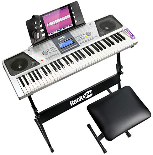 RockJam RJ661 Keyboard Piano Set 61 Tasten, Ständer, Bank und Kopfhörer | Einsteiger Keyboard Set mit Klavier Unterricht, Ständer, Bank, Kopfhörern und Notenaufklebern für Kinder und Erwachsene