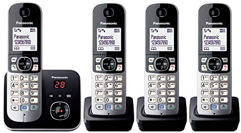 Panasonic KX-TG6824GB DECT Schnurlostelefon mit Anrufbeantworter (Telefon mit 4 Mobilteilen, strahlungsarm, Eco-Modus, Gap Telefon, Festnetz) schwarz