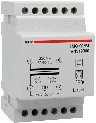 VEMER VN319000 TMC 30/24 - Transformator für Hutschienen mit Primärspannung 230V, Trafo mit Sekundärspannung 12-24V und Leistung 30VA, Weiß