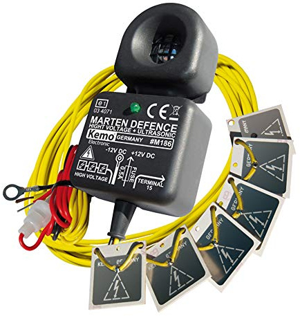 Kemo M186 Marder-Abwehr für Kraftfahrzeuge 12 V/DC. Vertreibt Marder durch elektrisch aufgeladene 200 - 300 V/DC Hochspannungsplättchen und starke, aggressiv pulsierende Ultraschalltöne, Schwarz