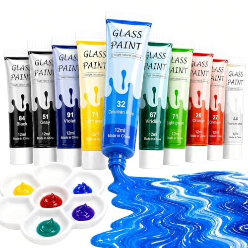 Magicdo 12 Farbe Glasfarbe Glasmalfarbe Glas Farben zum Bemalen Spülmaschinenfest Wasserfest Glasfarben Weingläser Keramik Set mit Palette (12 x 12Ml)