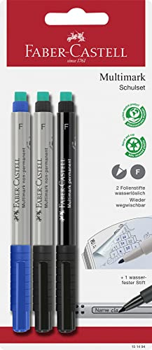 FABER-CASTELL 151494 - Schulset Multimark, Strichbreite: F, 3-teilig | Permanente Tinte für Folien, CDs, Glas, Kunststoff und Metall