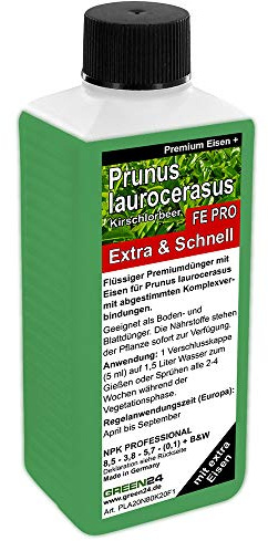 Spezial Kirschlorbeer Dünger FE PRO mit Eisen Prunus laurocerasus NPK mit Eisen gegen gelbe Blätter, Volldünger für Lorbeer Pflanzen und Hecken, Premium Flüssigdünger