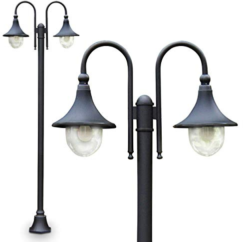 HOFSTEIN Kandelaber Elgin, Außenwegeleuchte aus Metall/Kunststoff in Schwarz-matt/Klar, Wegebeleuchtung in antikem Look 225 cm, 2xE27, IP44, Wegeleuchte im Vintage-Design für Garten, Außenbereich, Hof