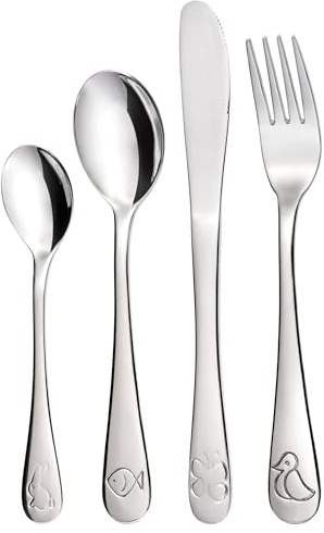 GRÄWE Kinderbesteck Set mit Tiermotiven, 4-teilig, Edelstahl poliert, spülmaschinengeeignet für Jungen und Mädchen, Geschenk zur Taufe