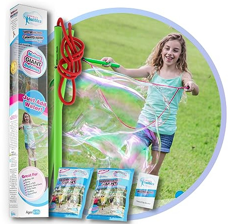 WOWmazing Giant Bubble Stäbe Kit: (4-teiliges Set) | inkl. Zauberstab, Big Bubble Konzentrat und Tipps & Trick Booklet | Outdoor Spielzeug für Kinder, Jungen, Mädchen | Seifenblasen Made in USA