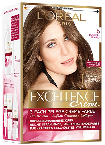 L'Oréal Paris Permanente Haarfarbe, 100 Prozent Grauhaarabdeckung, Haarfärbeset mit Coloration, Shampoo und 3-Fach Pflege Creme Farbe, Excellence Crème 6 Dunkelblond