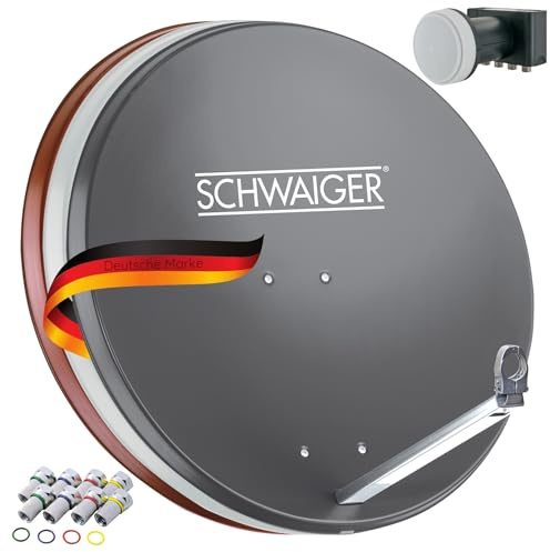 SCHWAIGER Satellitenschüssel Komplettset, Anthrazit, Ø 80 cm Aluminium | Offset Antenne, Inkl. Quad LNB 4-Fach, Digital HD & 4K Empfang, Integrierte Kabelführung & wetterfest