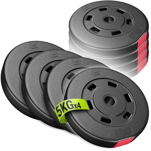 HOP-Sport Hantelscheiben Set 20 kg, Gewichtsscheiben 30 mm / 31 mm Bohrung, Kunststoff Hantelgewichte 4x5 kg, für Langhantel & Kurzhantel, bodenschonend, für zuhause