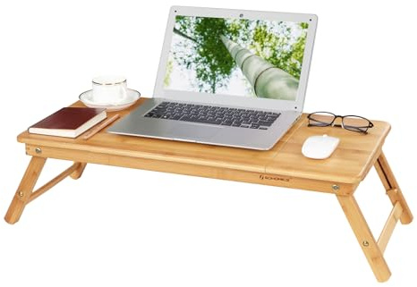 SONGMICS Laptoptisch für Bett, Bambus, klappbar, 71,5 x 35 x 22-30 cm | Laptopständer, Frühstückstablett, klappbare Beine, mit kleiner Schublade, BAMBOU Kollektion LLD004