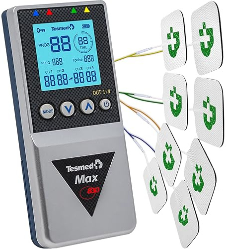 TESMED Max 830: Professionelles TENS/EMS/Massagegerät mit sequentieller Stimulation, 4 Kanäle, 115 Programme, Davon 20 Anpassbar, Wiederaufladbar, Inklusive 20 Elektroden