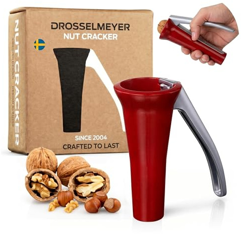 Drosselmeyer Design Nussknacker - Effektiv auf alle Größen von Nüssen minimalem Aufwand - Sehr Stark Robust mit Behälter zum Auffangen der Muscheln - Entworfen und Hergestellt in Schweden (Rot)